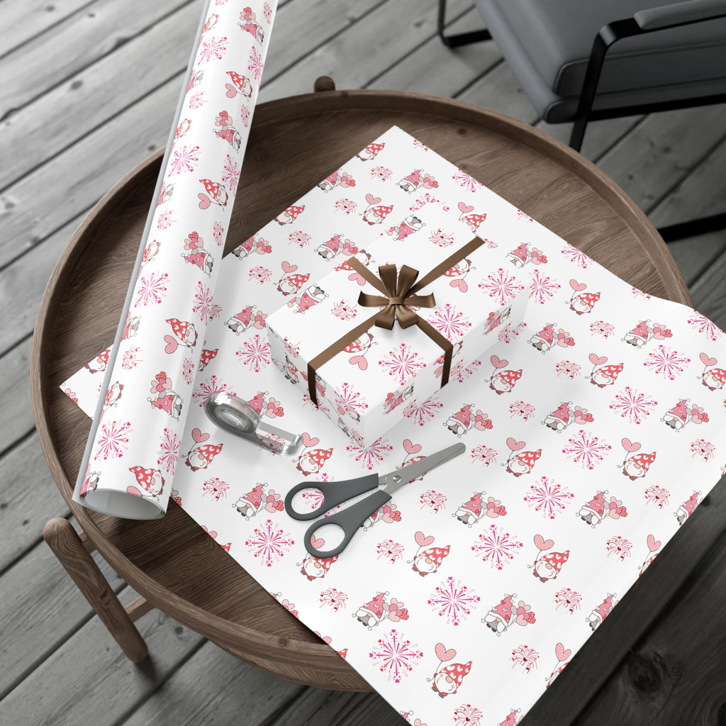 Valentine Gnome Pattern Gift Wrap, Pink Heart Wrapping Paper | Cute Gnomes