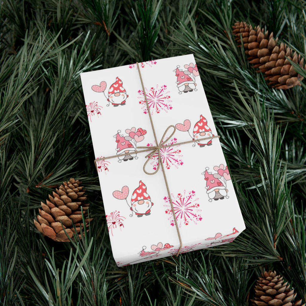 Valentine Gnome Pattern Gift Wrap, Pink Heart Wrapping Paper | Cute Gnomes