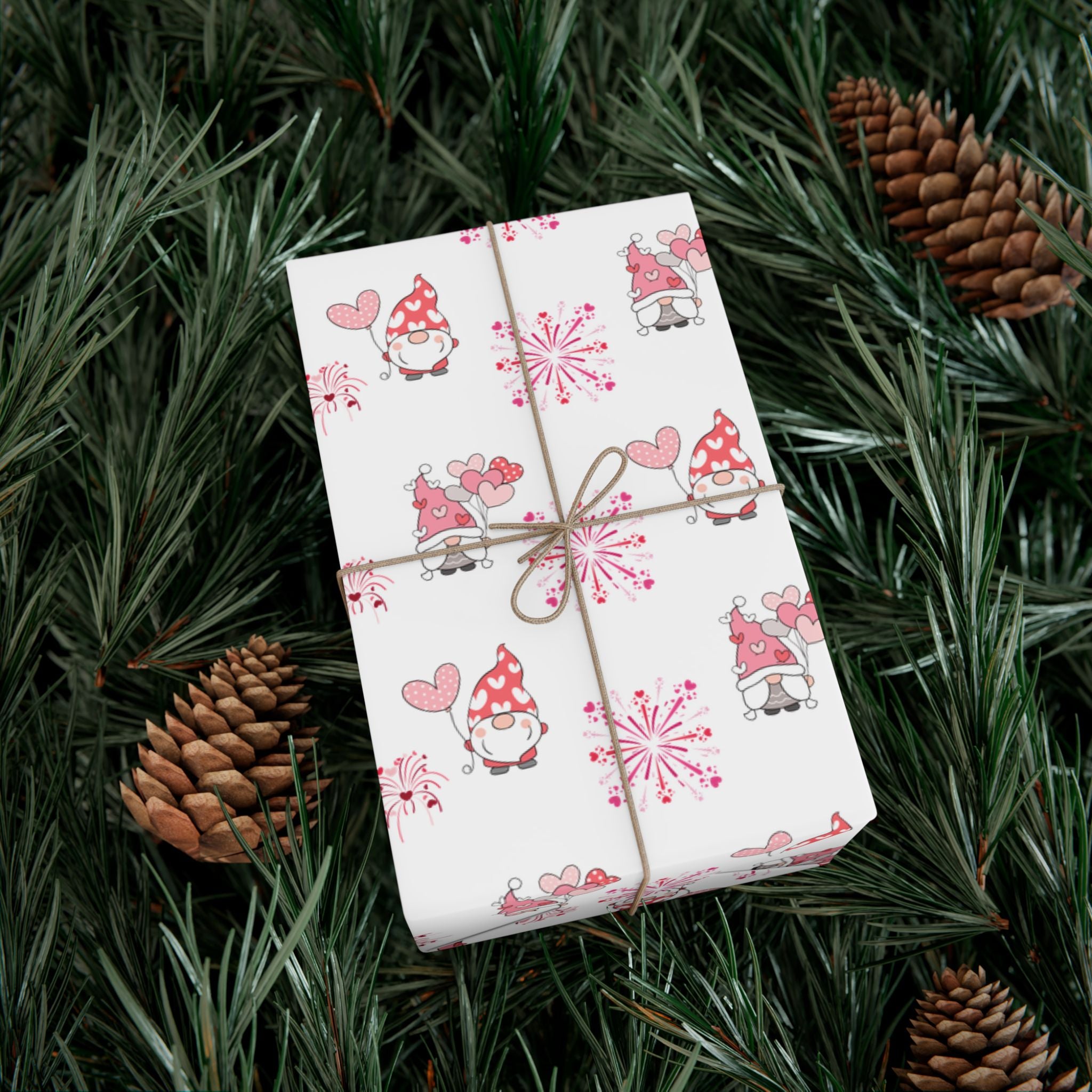 Valentine Gnome Pattern Gift Wrap, Pink Heart Wrapping Paper | Cute Gnomes