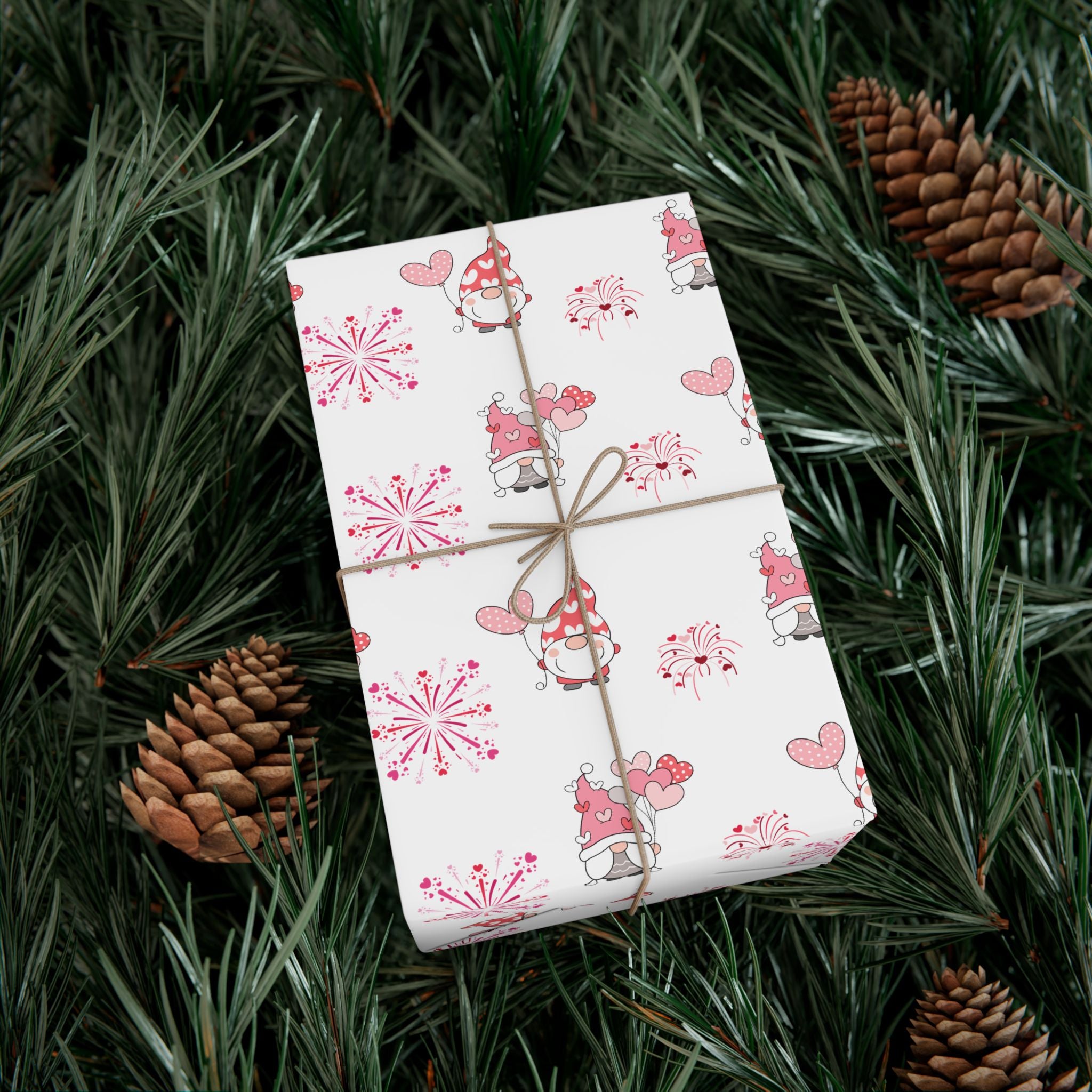 Valentine Gnome Pattern Gift Wrap, Pink Heart Wrapping Paper | Cute Gnomes