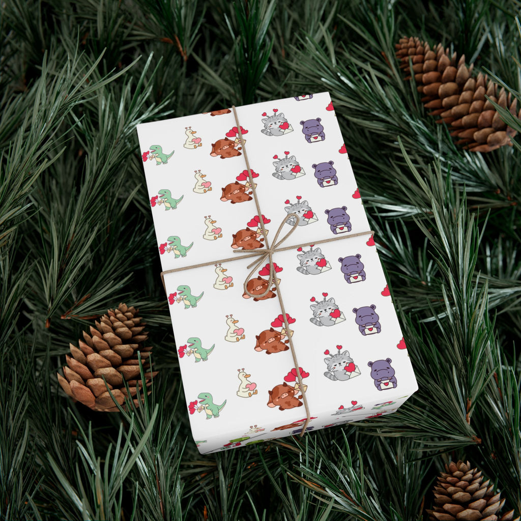 Cute Animal Valentines Pattern Gift Wrap Paper | Repeating Fox Bear Frog Design