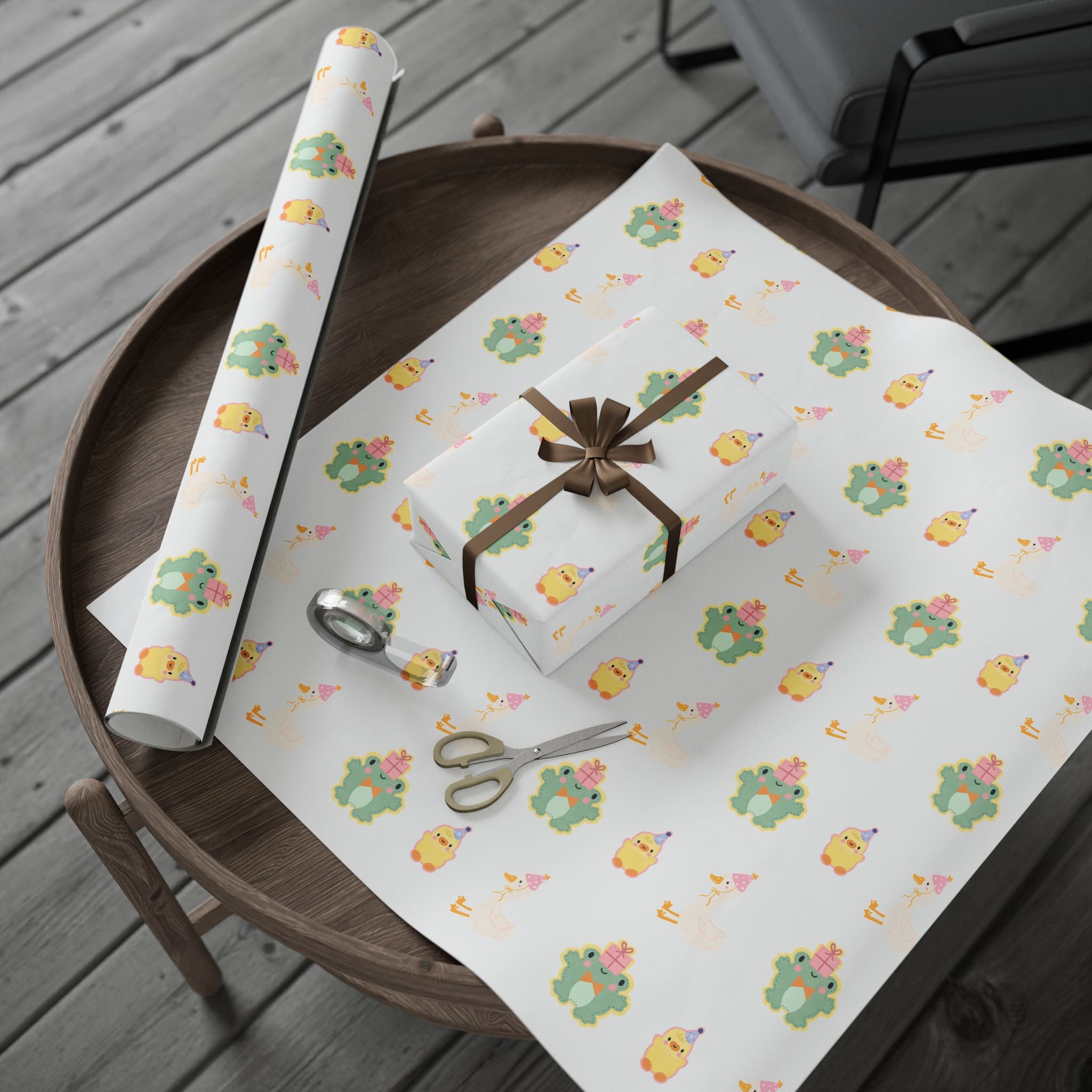 Wrapping Paper, Cute Frog, Chick and Duck Baby Shower/Baby Birthday Gift Wrap, Animal Print, Gender Neutral, Party Supplies, Kids Crafting