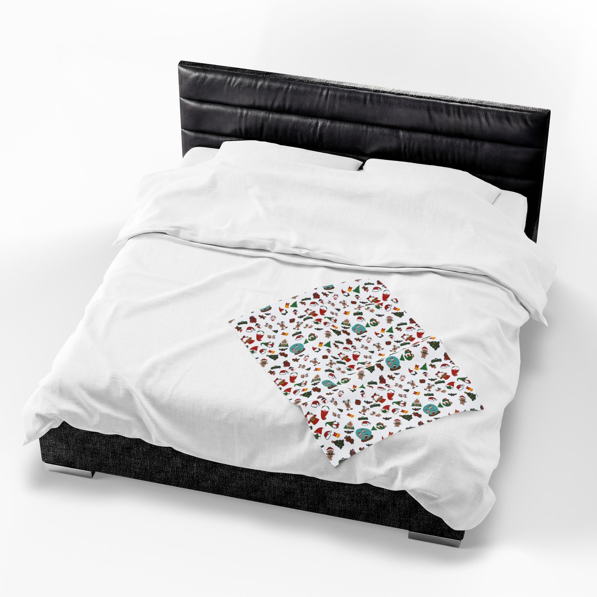 Christmas Cookie Pattern Velveteen Plush Blanket | Holiday Gingerbread Santa Trees
