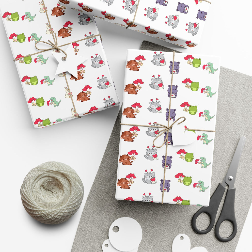 Cute Animal Valentines Pattern Gift Wrap Paper | Repeating Fox Bear Frog Design