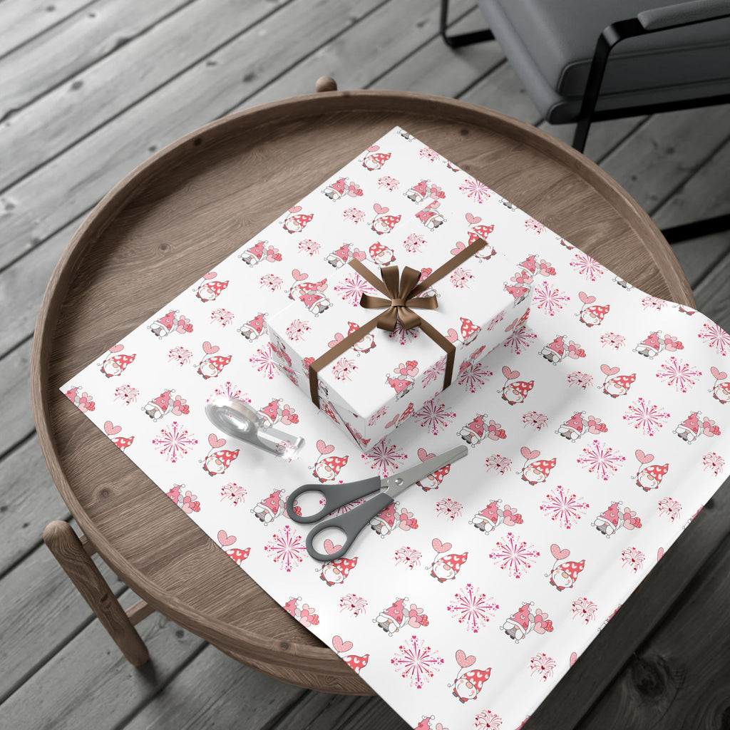 Valentine Gnome Pattern Gift Wrap, Pink Heart Wrapping Paper | Cute Gnomes