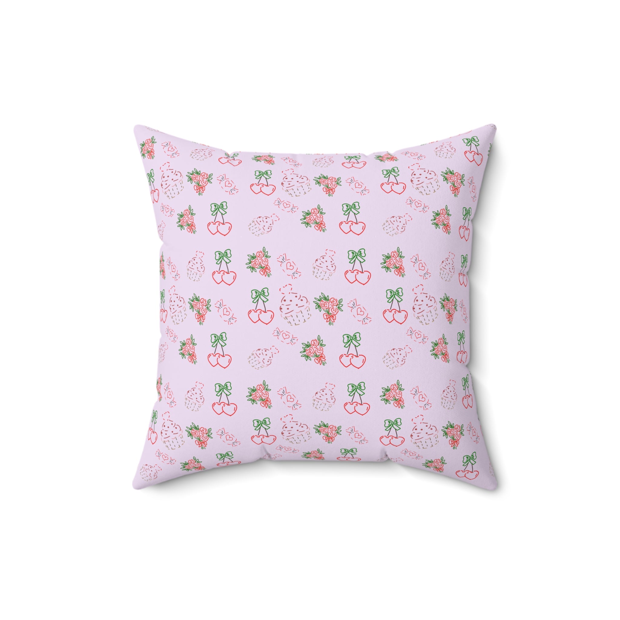 Cherry , Cupcakes , Flowers - Valentines Day Pattern Pillow | Pink Floral Cherry Throw Pillow