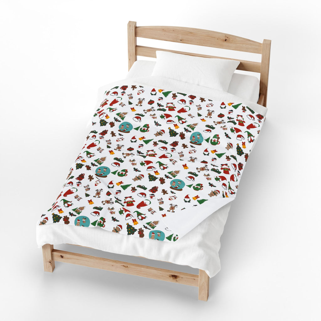 Christmas Cookie Pattern Velveteen Plush Blanket | Holiday Gingerbread Santa Trees