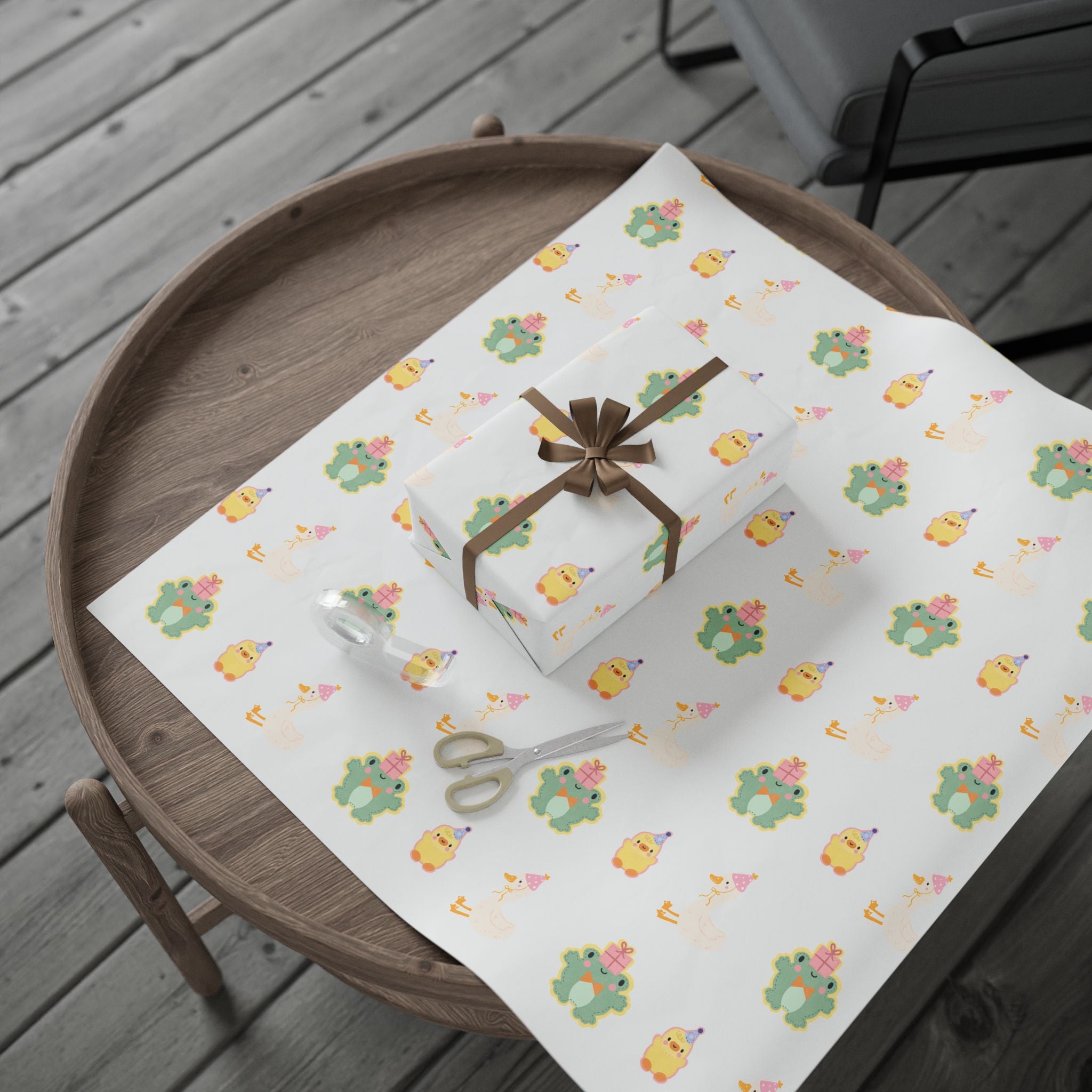 Wrapping Paper, Cute Frog, Chick and Duck Baby Shower/Baby Birthday Gift Wrap, Animal Print, Gender Neutral, Party Supplies, Kids Crafting