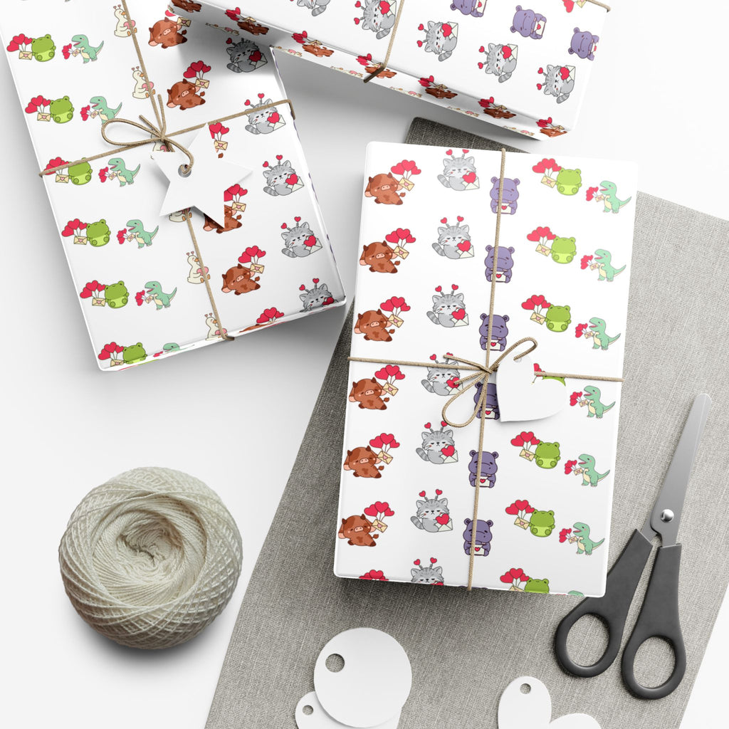Cute Animal Valentines Pattern Gift Wrap Paper | Repeating Fox Bear Frog Design
