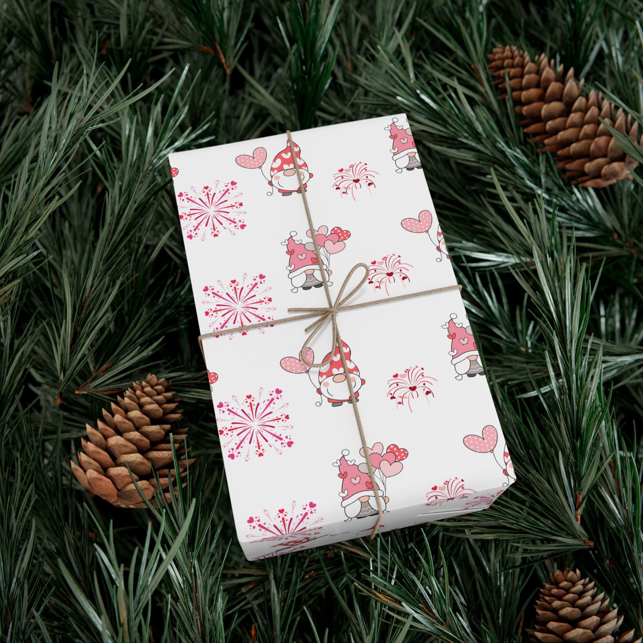 Valentine Gnome Pattern Gift Wrap, Pink Heart Wrapping Paper | Cute Gnomes