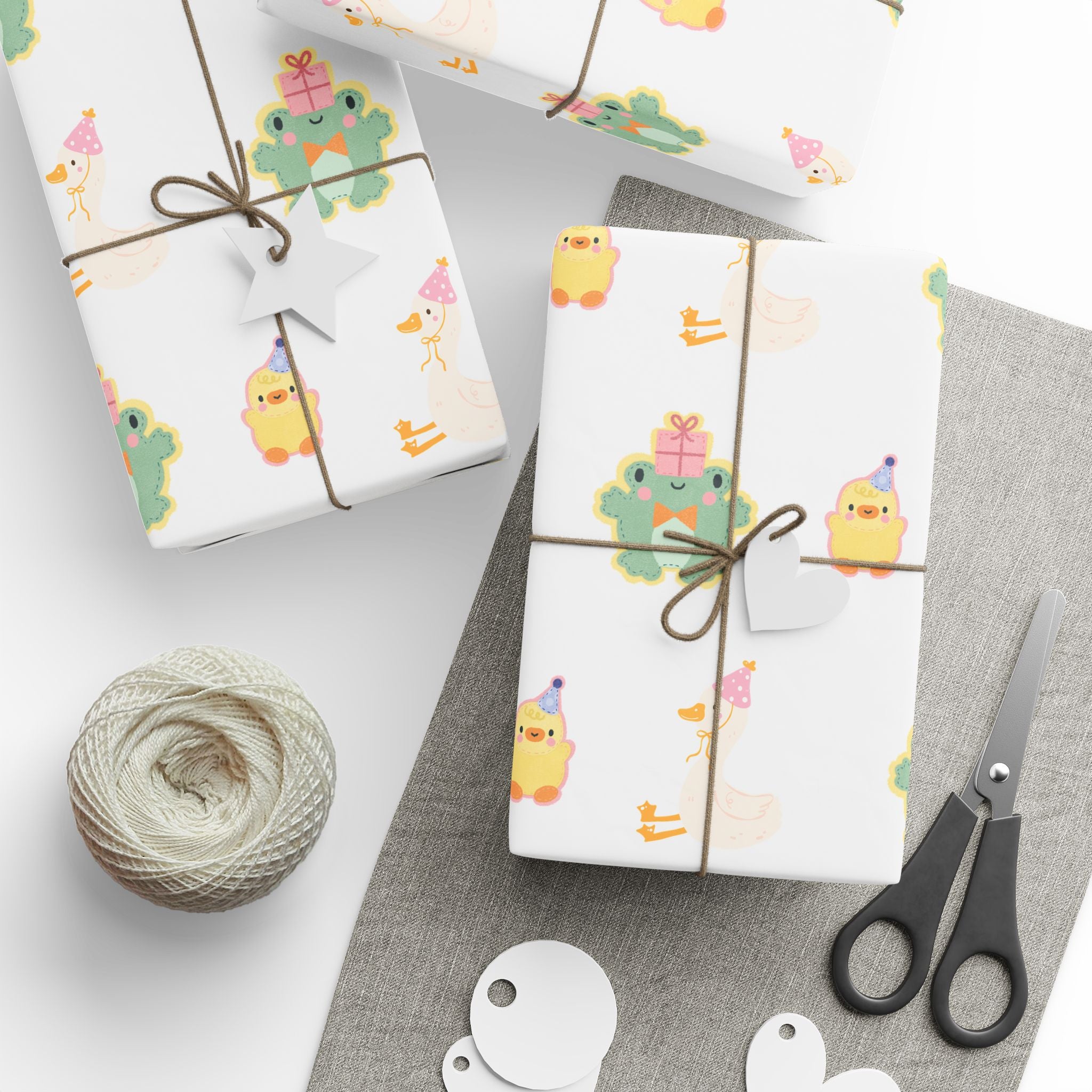 Wrapping Paper, Cute Frog, Chick and Duck Baby Shower/Baby Birthday Gift Wrap, Animal Print, Gender Neutral, Party Supplies, Kids Crafting