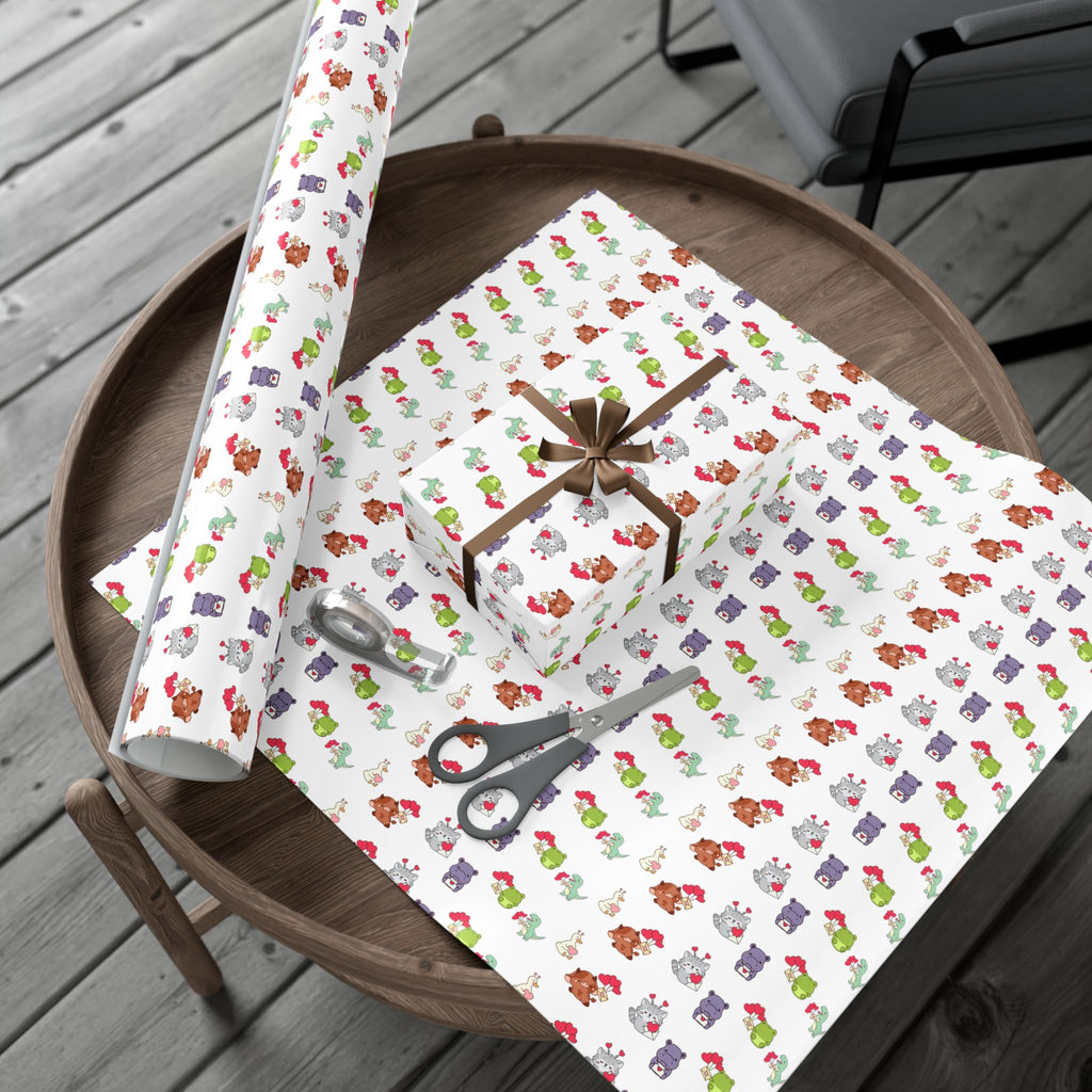 Cute Animal Valentines Pattern Gift Wrap Paper | Repeating Fox Bear Frog Design