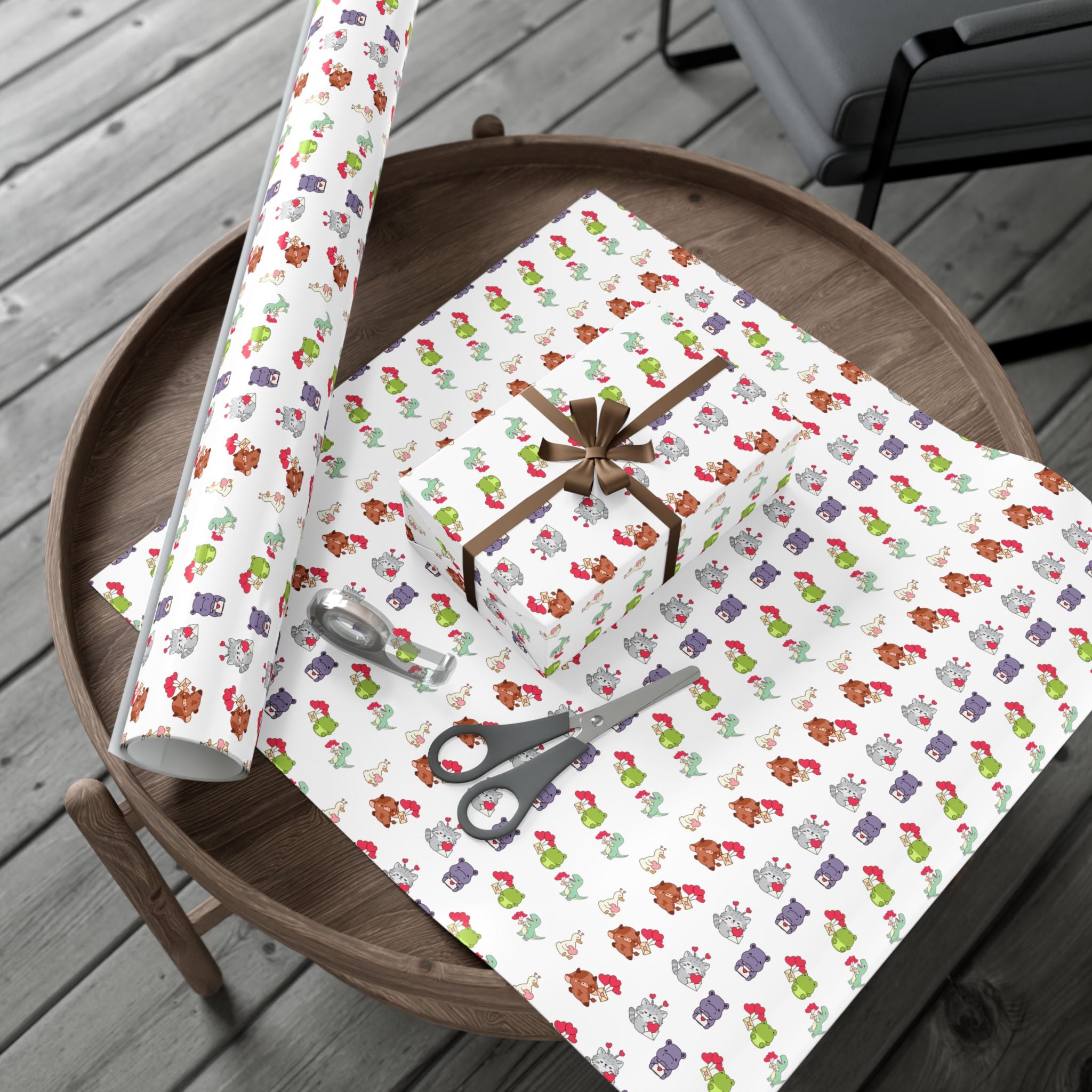 Cute Animal Valentines Pattern Gift Wrap Paper | Repeating Fox Bear Frog Design