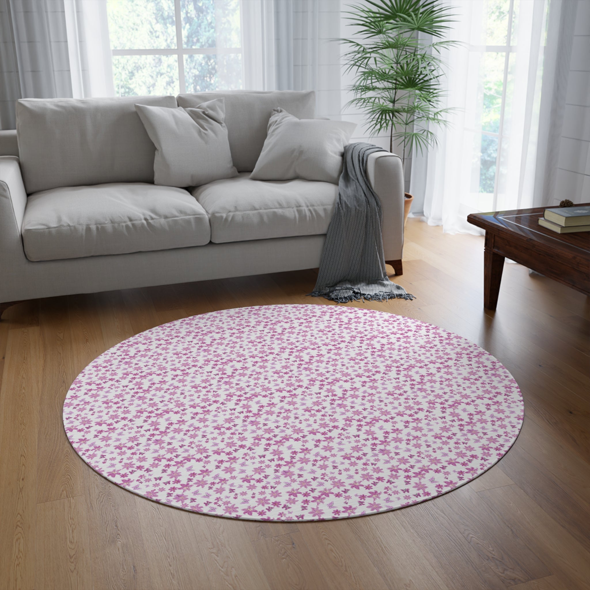 Pink Floral Round Rug