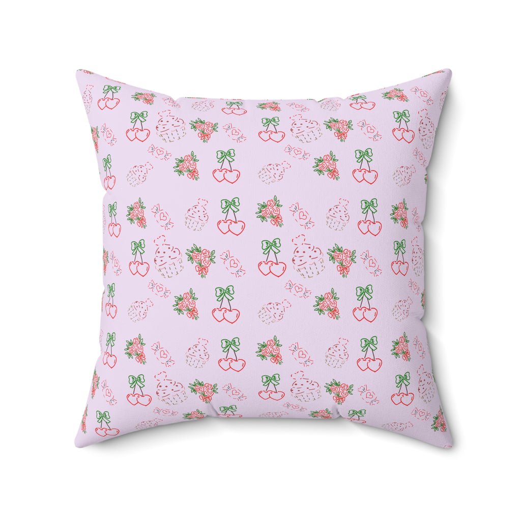 Cherry , Cupcakes , Flowers - Valentines Day Pattern Pillow | Pink Floral Cherry Throw Pillow