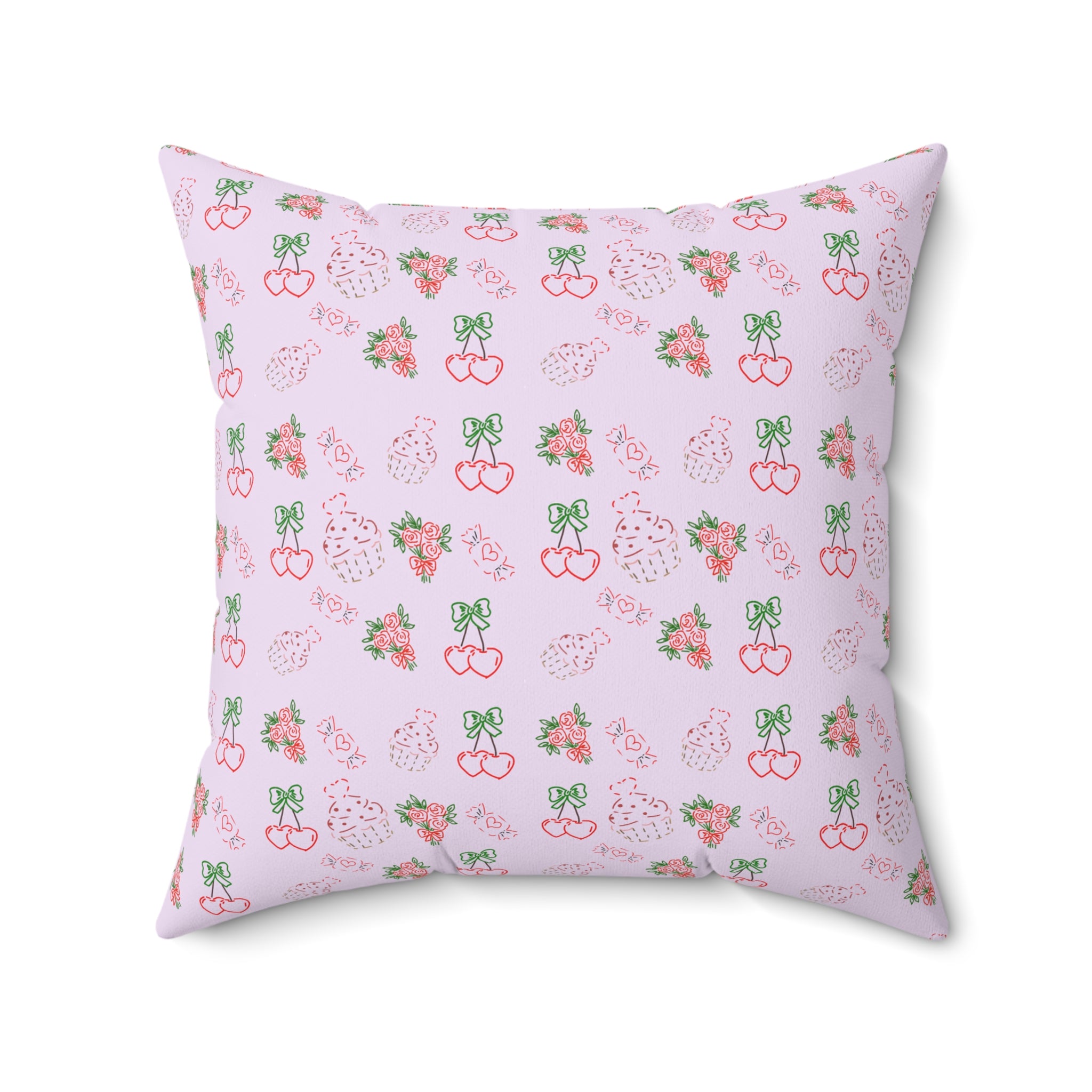 Cherry , Cupcakes , Flowers - Valentines Day Pattern Pillow | Pink Floral Cherry Throw Pillow