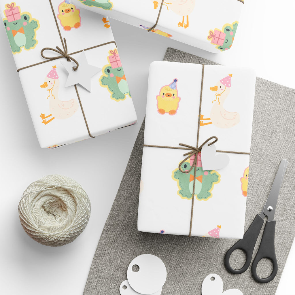 Wrapping Paper, Cute Frog, Chick and Duck Baby Shower/Baby Birthday Gift Wrap, Animal Print, Gender Neutral, Party Supplies, Kids Crafting