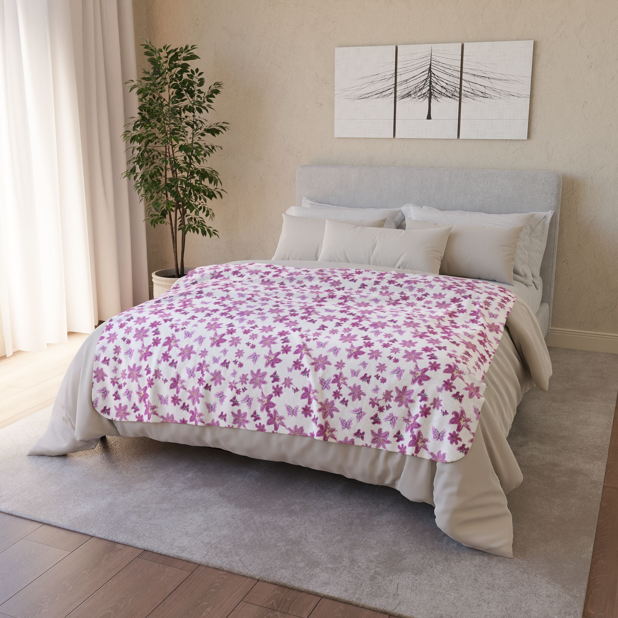 Floral and Butterflies Sakura Floral Fleece Sherpa Blanket | Cherry Blossom Pattern