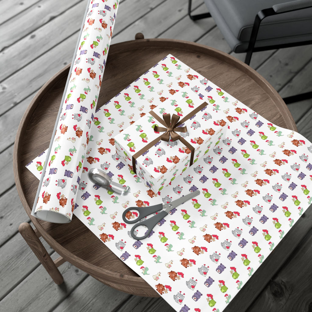 Cute Animal Valentines Pattern Gift Wrap Paper | Repeating Fox Bear Frog Design