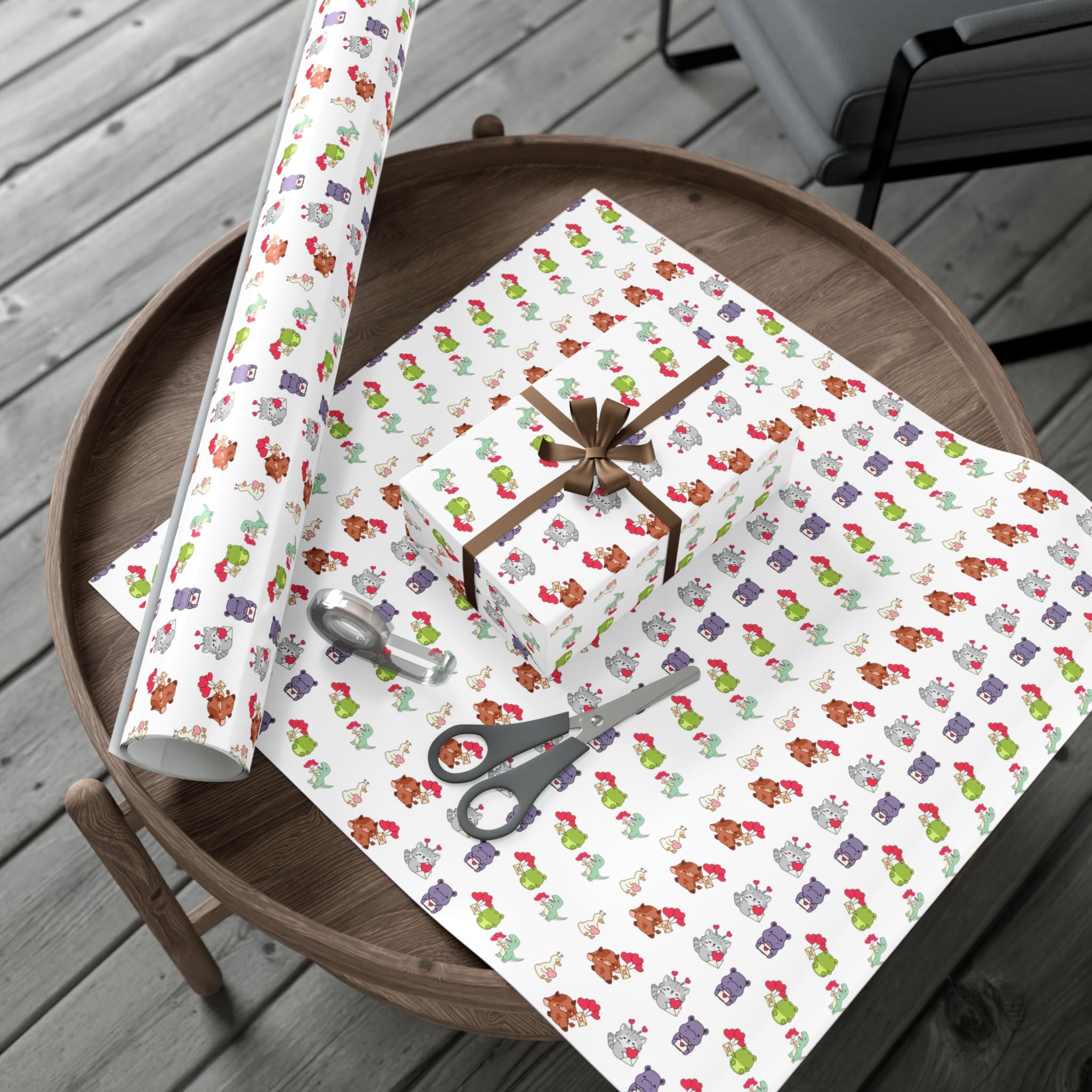 Cute Animal Valentines Pattern Gift Wrap Paper | Repeating Fox Bear Frog Design