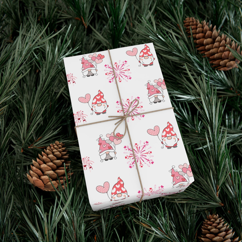 Valentine Gnome Pattern Gift Wrap, Pink Heart Wrapping Paper | Cute Gnomes