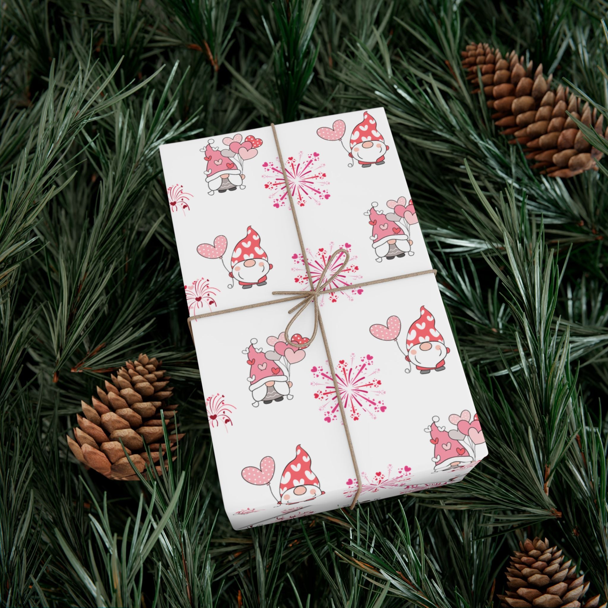 Valentine Gnome Pattern Gift Wrap, Pink Heart Wrapping Paper | Cute Gnomes