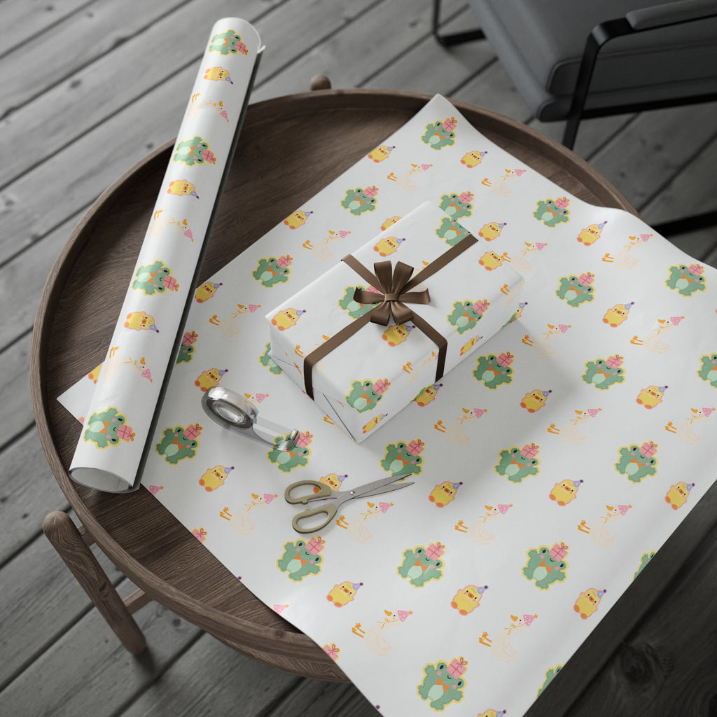 Wrapping Paper, Cute Frog, Chick and Duck Baby Shower/Baby Birthday Gift Wrap, Animal Print, Gender Neutral, Party Supplies, Kids Crafting
