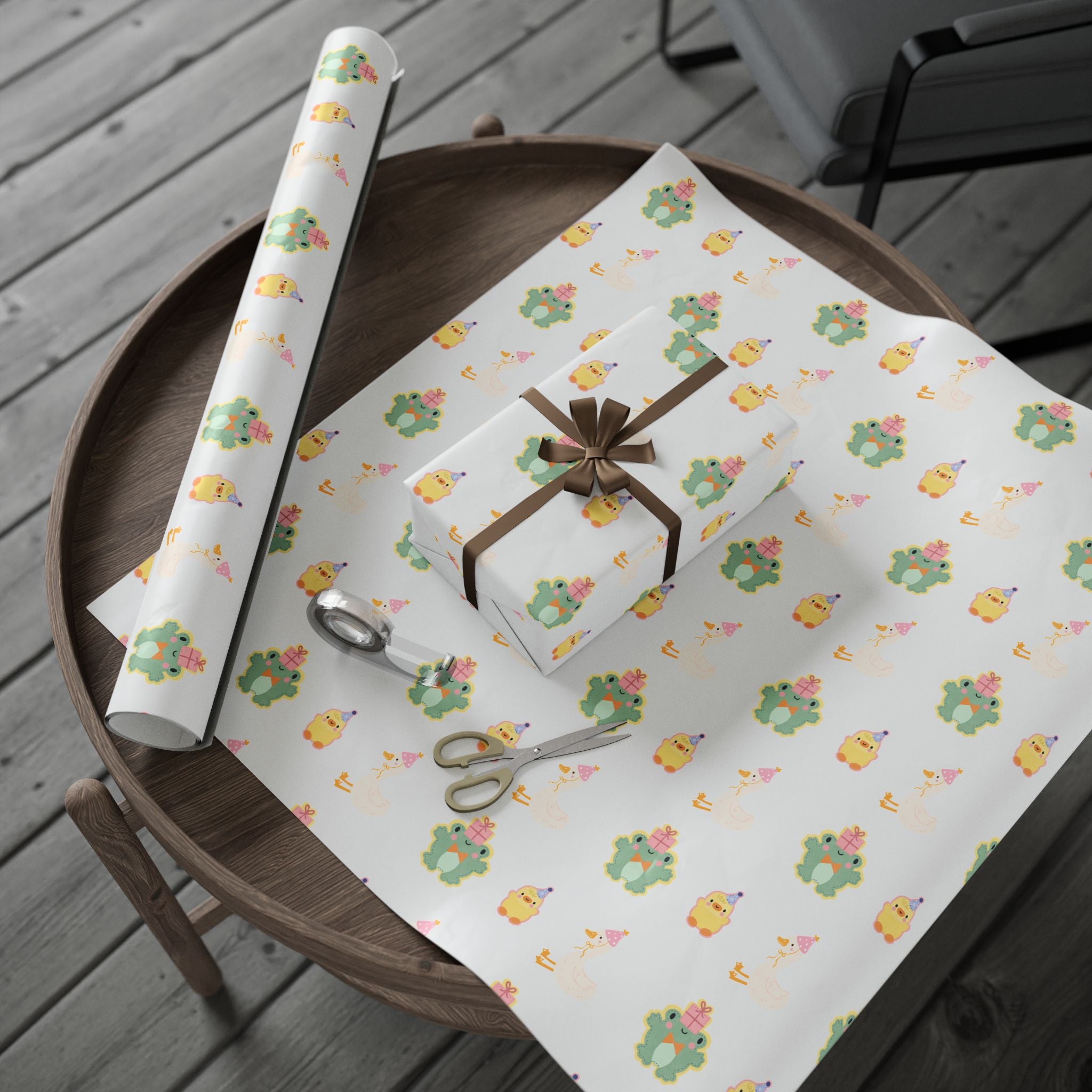 Wrapping Paper, Cute Frog, Chick and Duck Baby Shower/Baby Birthday Gift Wrap, Animal Print, Gender Neutral, Party Supplies, Kids Crafting