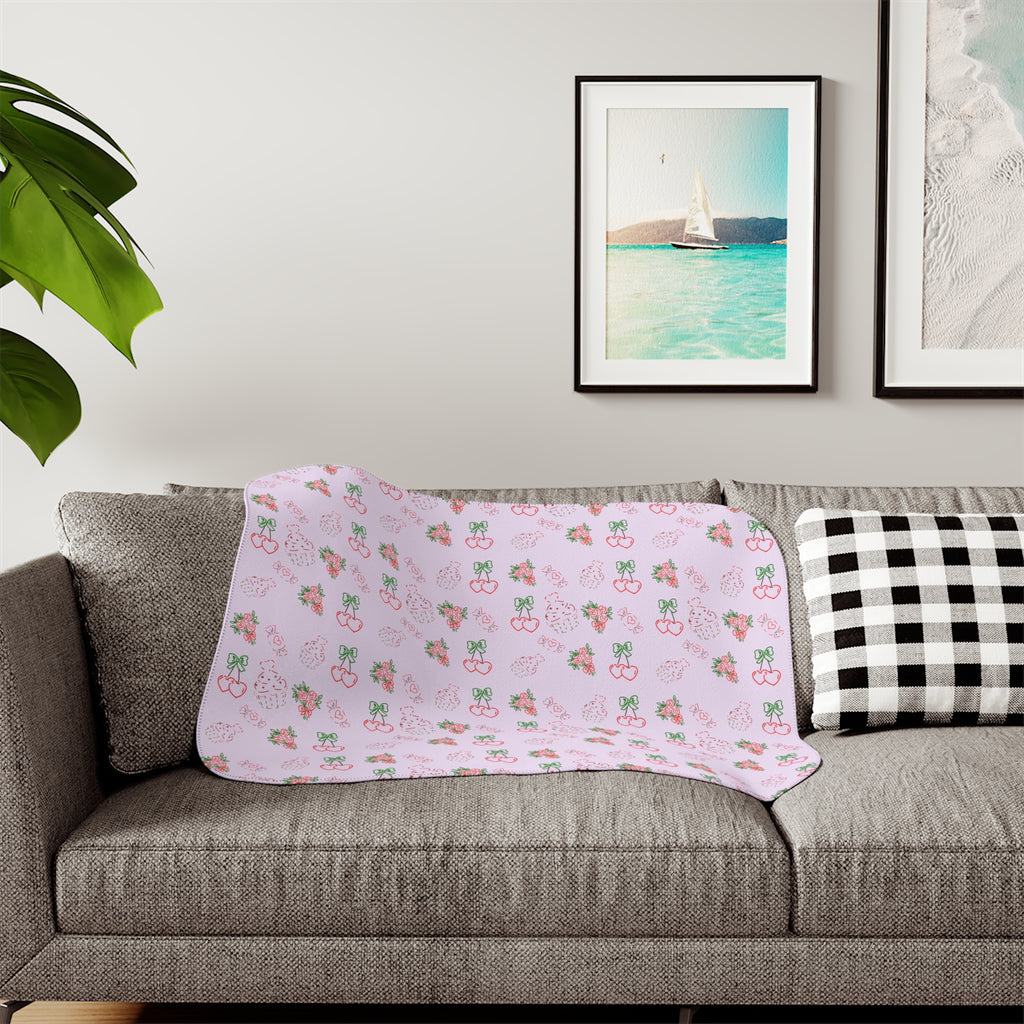 Cherry , Cupcakes, Flowers Pattern Sherpa Blanket | Reversible Cozy Throw