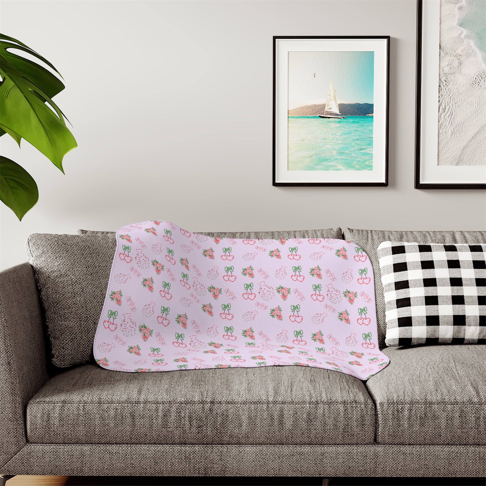 Cherry , Cupcakes, Flowers Pattern Sherpa Blanket | Reversible Cozy Throw