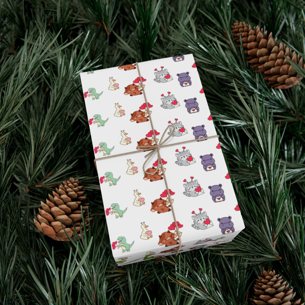 Cute Animal Valentines Pattern Gift Wrap Paper | Repeating Fox Bear Frog Design