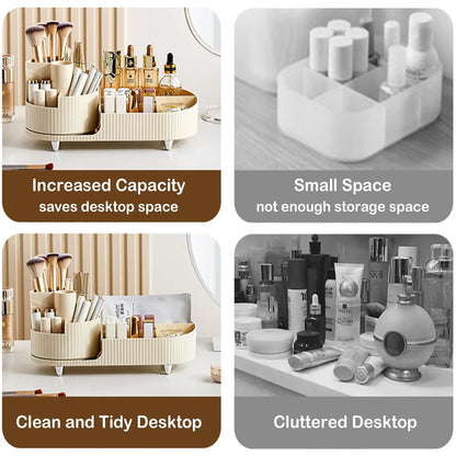 Rotating Makeup Organizer for Vanity with Brush Holder Cosmetic Storage Spinning Skincare Countertop Perfume Lotion Display Case