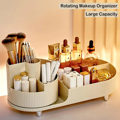 Rotating Makeup Organizer for Vanity with Brush Holder Cosmetic Storage Spinning Skincare Countertop Perfume Lotion Display Case